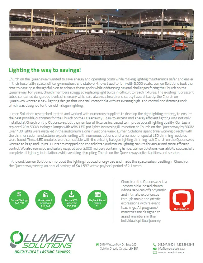 Church on the Queensway LED lighting retrofit case study PDF cover