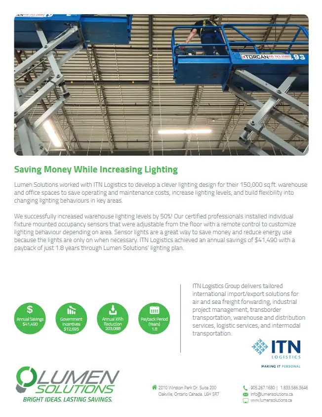 ITN Logistics LED lighting retrofit case study PDF cover